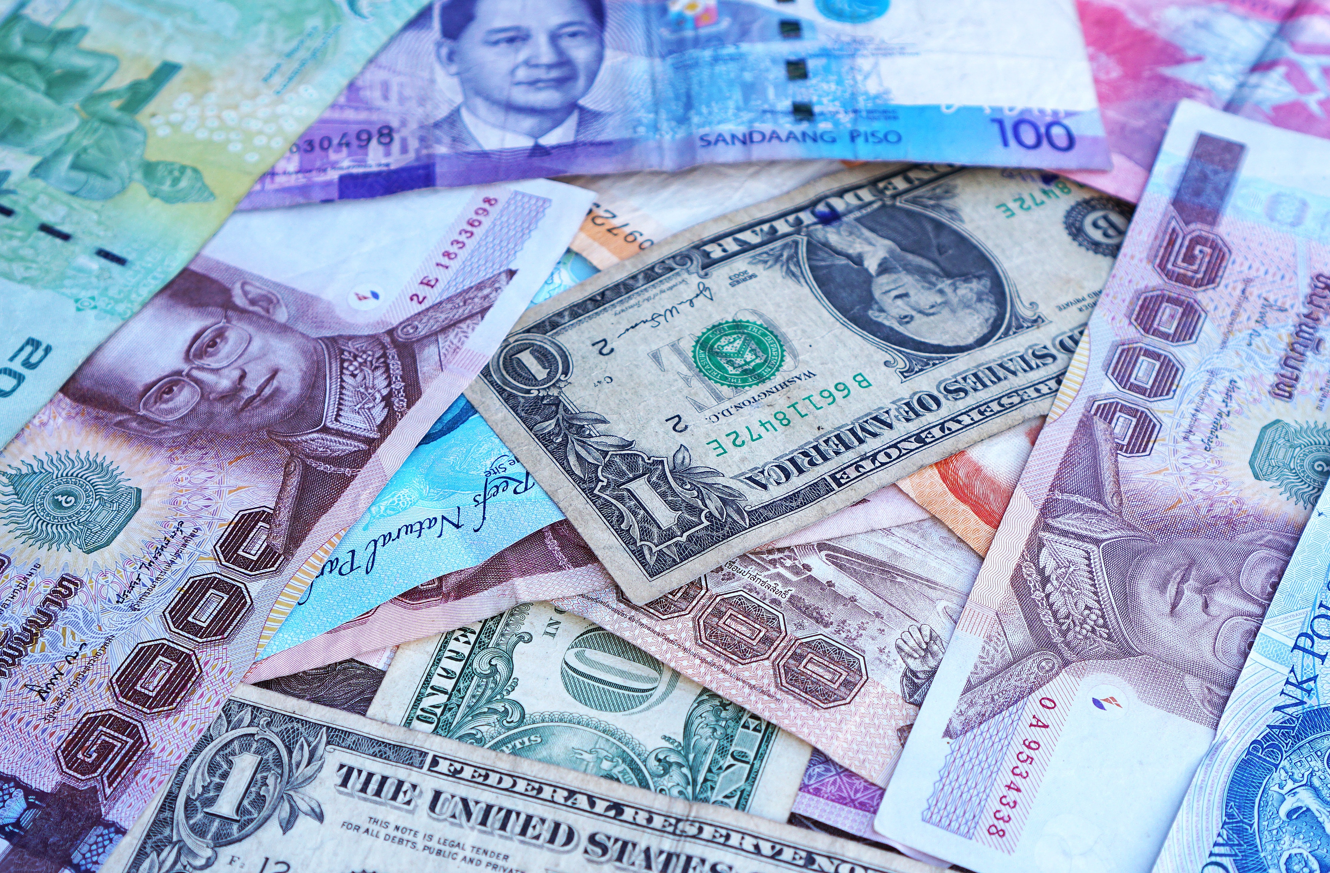 Paper bills and bank notes, USD dollars, Yen, Euro
